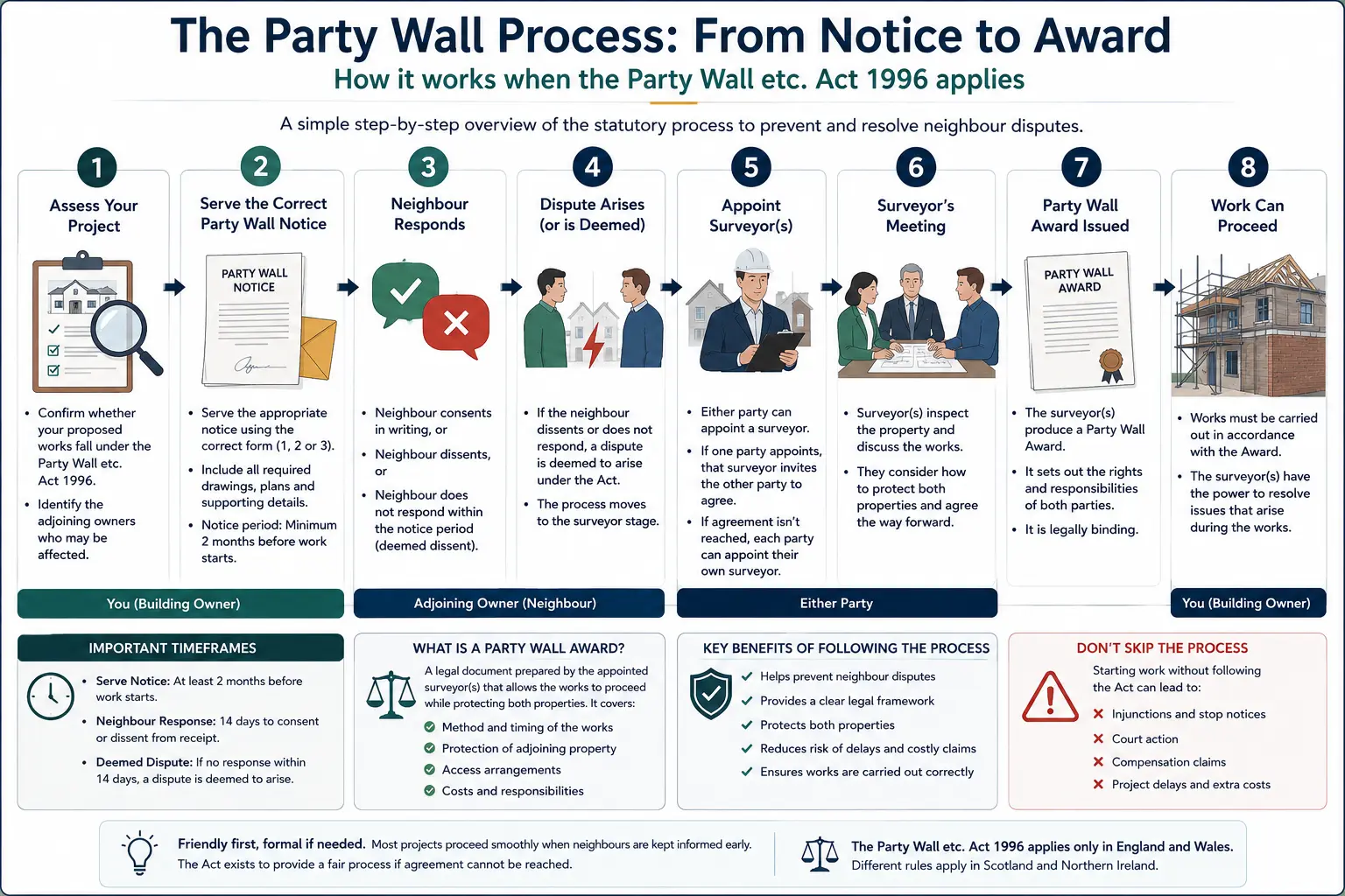 Do I Need a Party Wall Agreement? An infographic showing the party wall process from notice to award in a very interactive way for the citizens living in Norwich, UK