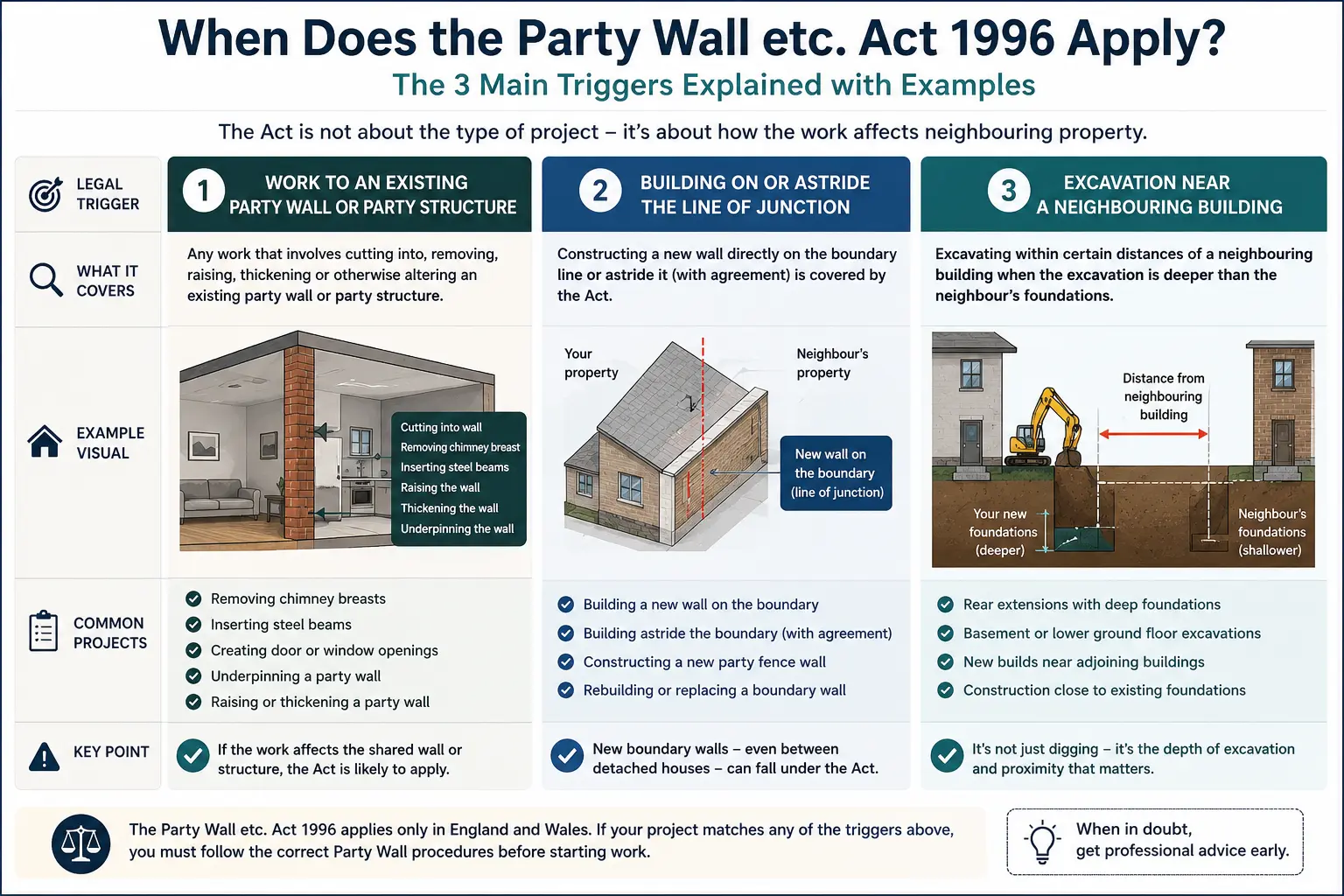 Do I Need a Party Wall Agreement? An infographic showing when does the party wall etc act 1996 apply like excavation, junction, painting, in Norwich, UK